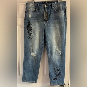 Seven7 Plus Size High Rise Straight Cropped Embroidered Jeans US14